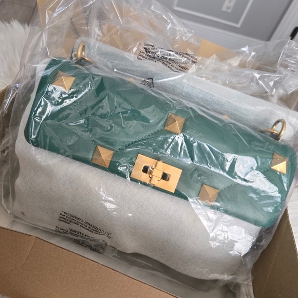 NWT VALENTINO GARAVANI Roman Rockstud Green Nappa Leather Satchel Crossbody Bag - Picture 6 of 11